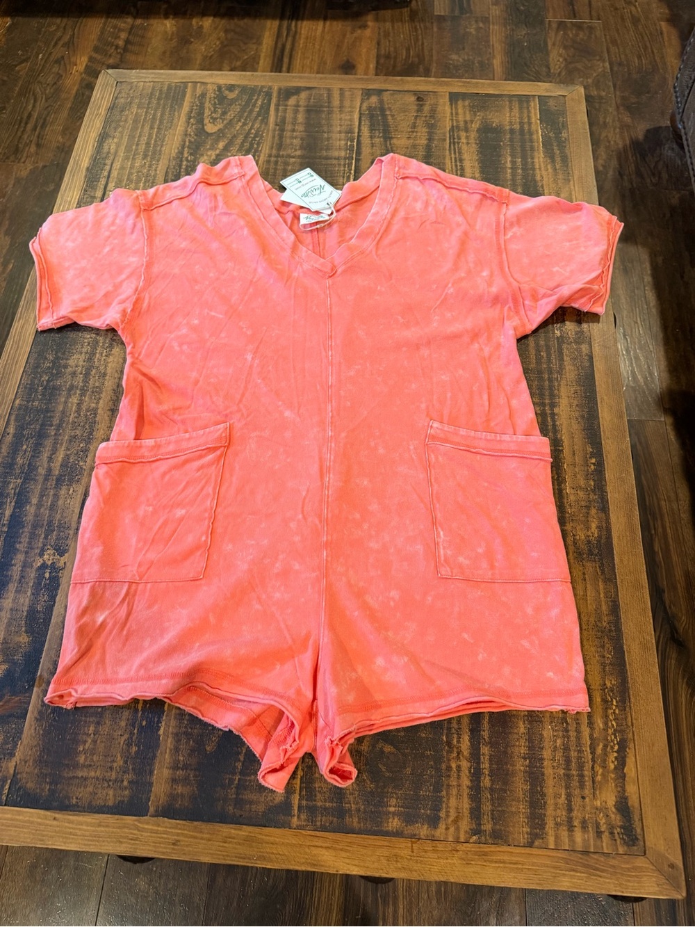 Very J Coral Washed V-Neck Short Romper with Front Pockets